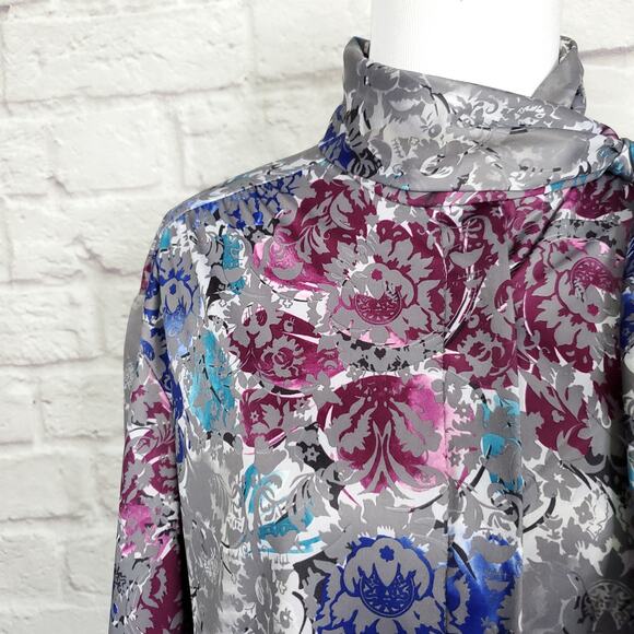 Vintage Blouse Polyester Gray Purple Floral Neck Tie Detail Fits a L/XL - Picture 4 of 12